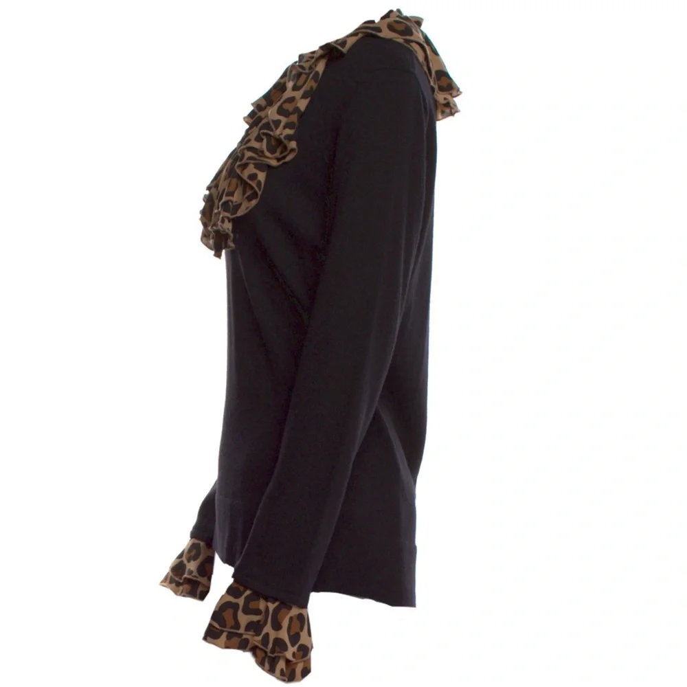TORY BURCH • Leopard Print Ruffle Black Sweater Top